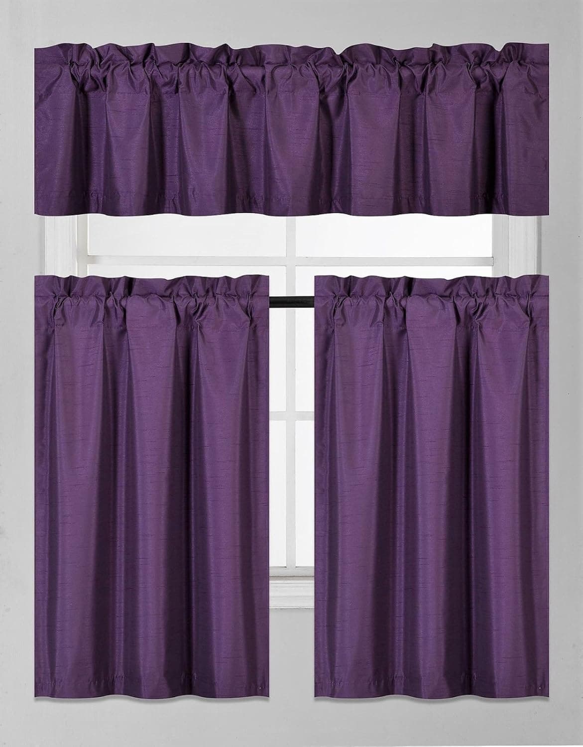 GorgeousHomeLinen (K3) 3 PC Plum Purple Kitchen Window Valance Tier Curtain Faux Silk Panels Lined Thermal Room Darkening Insulated Blackout Set