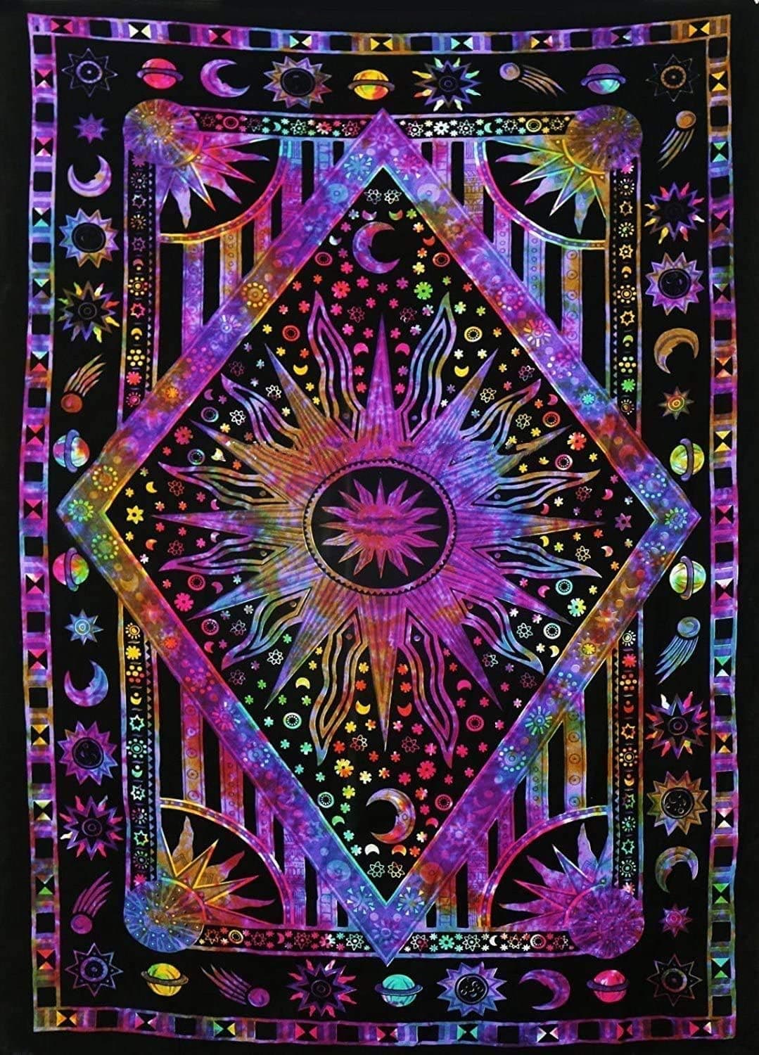 CRAFT KALA Beautiful Sun Moon Planet Bohemian Burning Sun Tapestry Wall Hanging Art for Bedroom Living Room Dorm Décor | Dimension: 54 x 84 inches, Multi purple