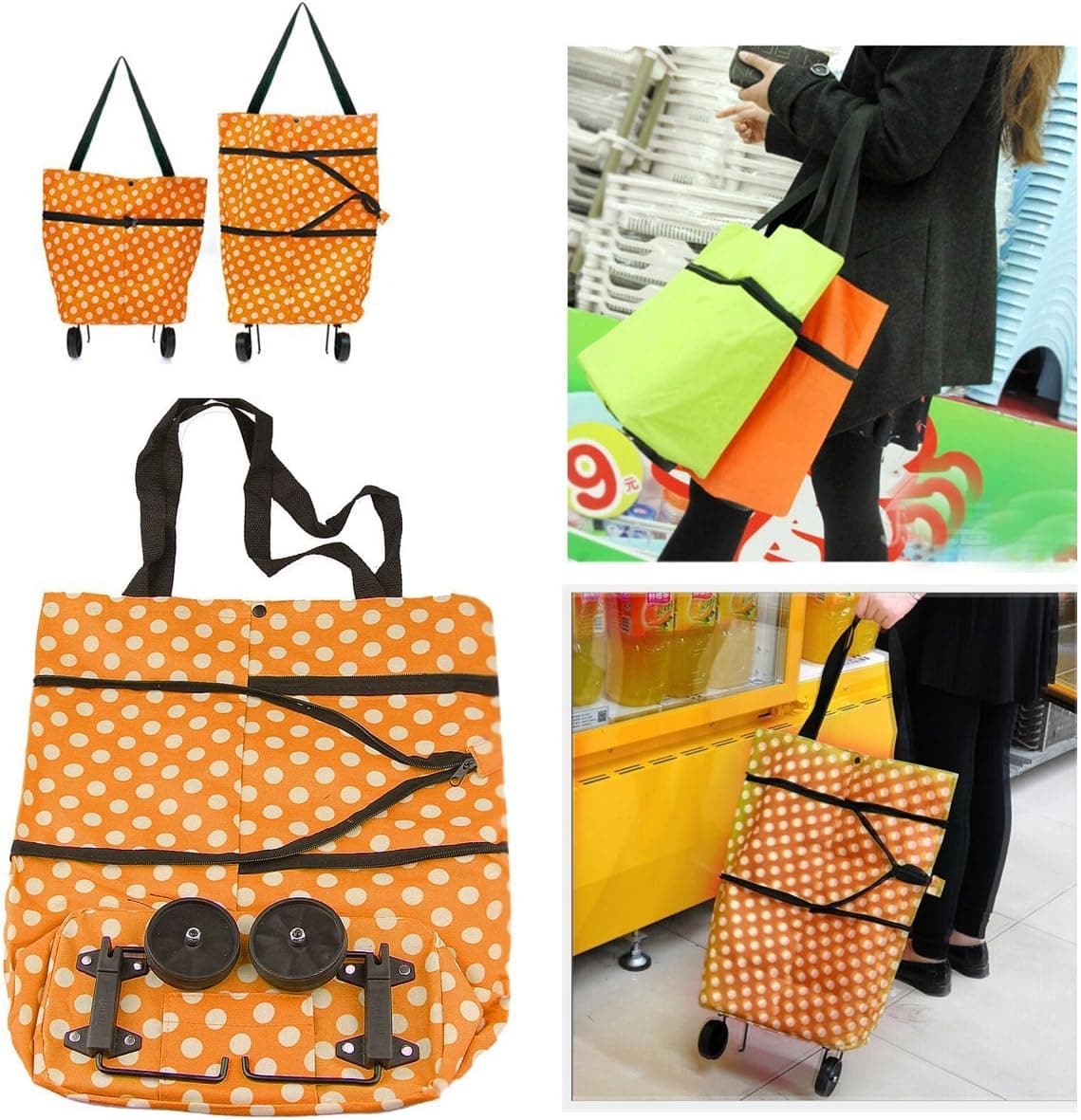 Dealpeak Lightweight Portable Foldable Dot Print Traveling Shopping Trolley Cart Handbag with Wheels (Orange with White Dots)
