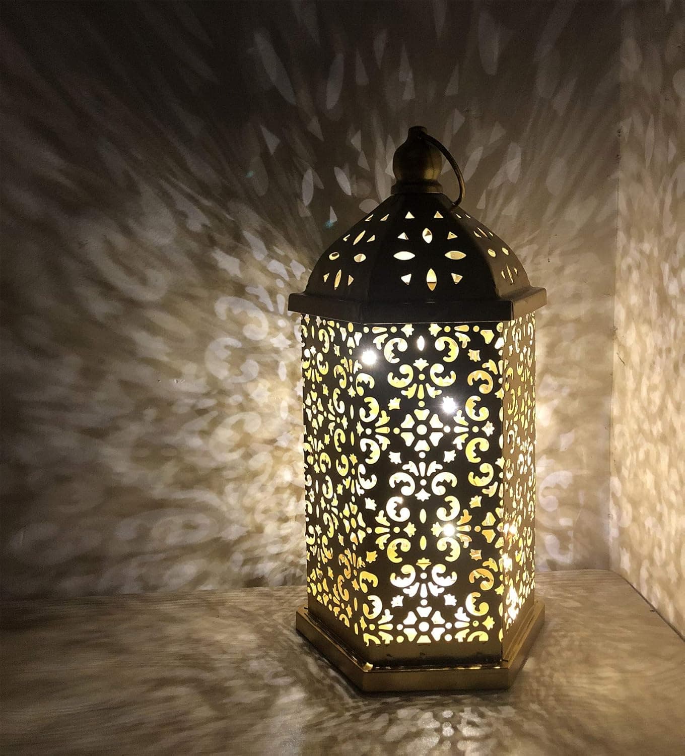 AFORTLO Battery Operated Powered Lantern Table Lamp, Boho Decorative Moroccan Hollow-Carved Cordless Portable Desk Lamp Romantic Metal Cage Atmosphere Lamp for Bedroom,Patio,Party,Living Room(Gold)