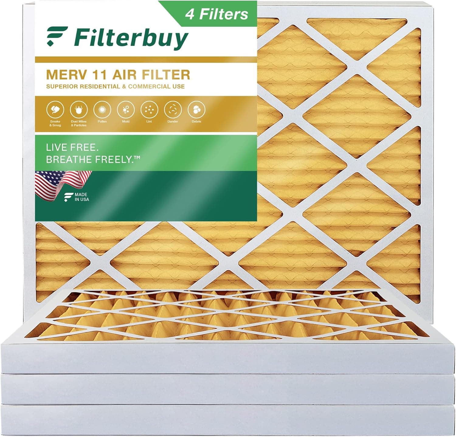 Filterbuy 24x25x2 Air Filter MERV 11 Allergen Defense (4-Pack), Pleated HVAC AC Furnace Air Filters Replacement (Actual Size: 23.50 x 24.50 x 1.75 Inches)