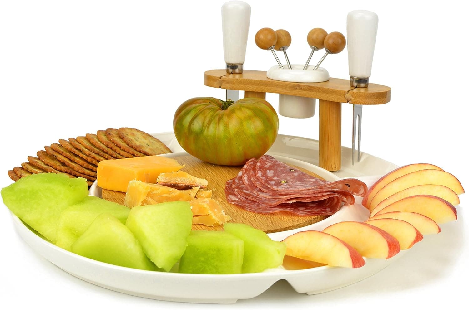 White Ceramic & Bamboo Wood Party Platter Serving Set - Cheese Board, Knife & Fork, 4 Hors d'oeuvre Picks