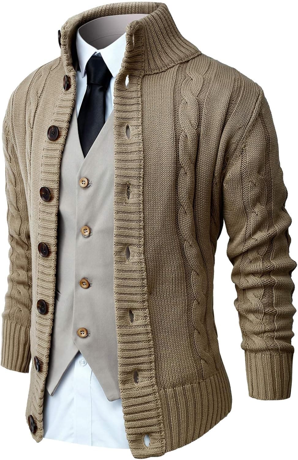 NITAGUT Mens Long Sleeve Stand Collar Cardigan Sweaters Button Down Cable Knitted Sweater