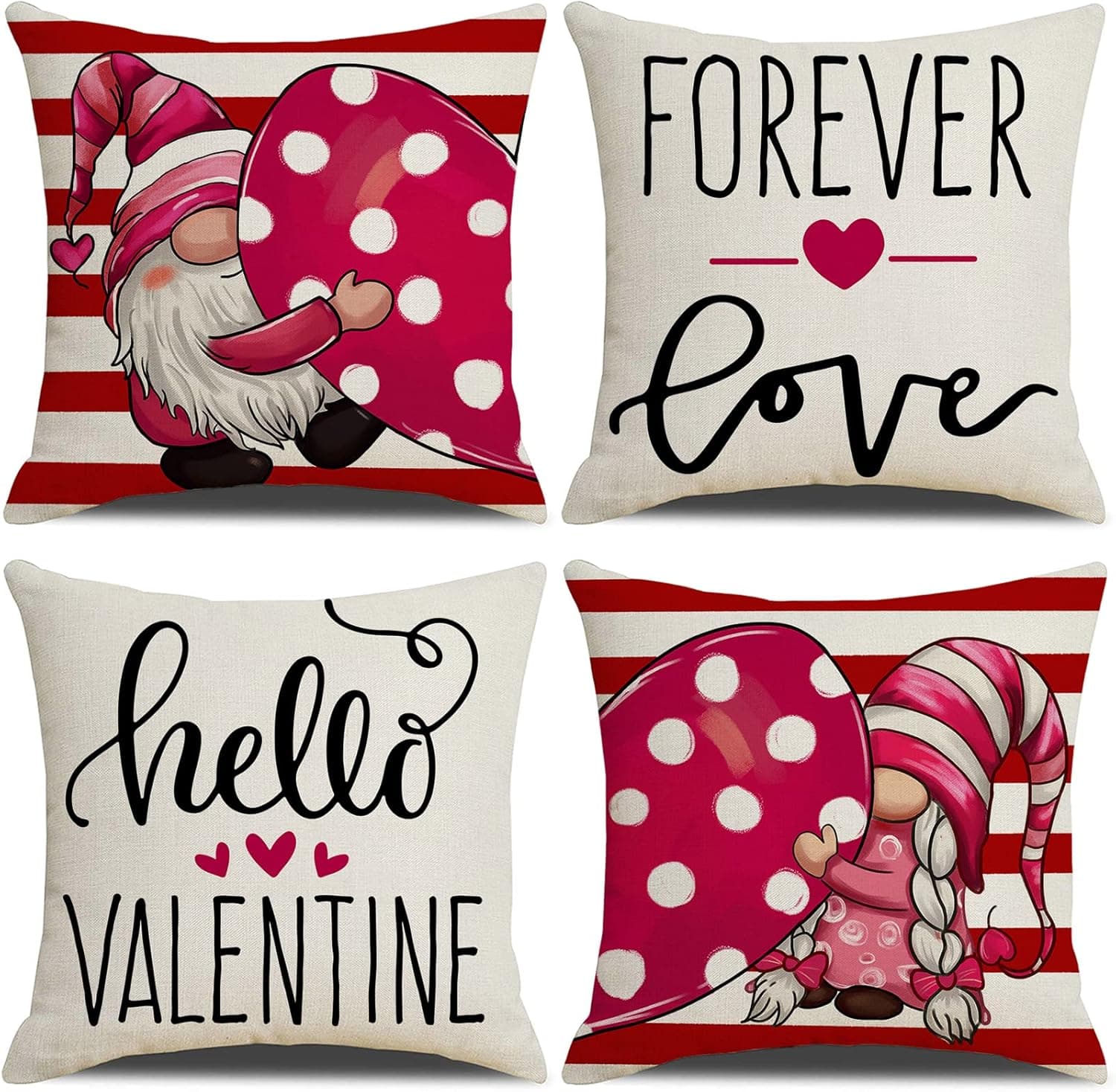 Onerisly Valentines Day Pillow Covers 18x18 Set of 4 Pink Decor for Home Couch Polka Dots Love Heart Gnomes Happy Valentine Pillows Decorative Throw Pillows Valentines Day Decorations