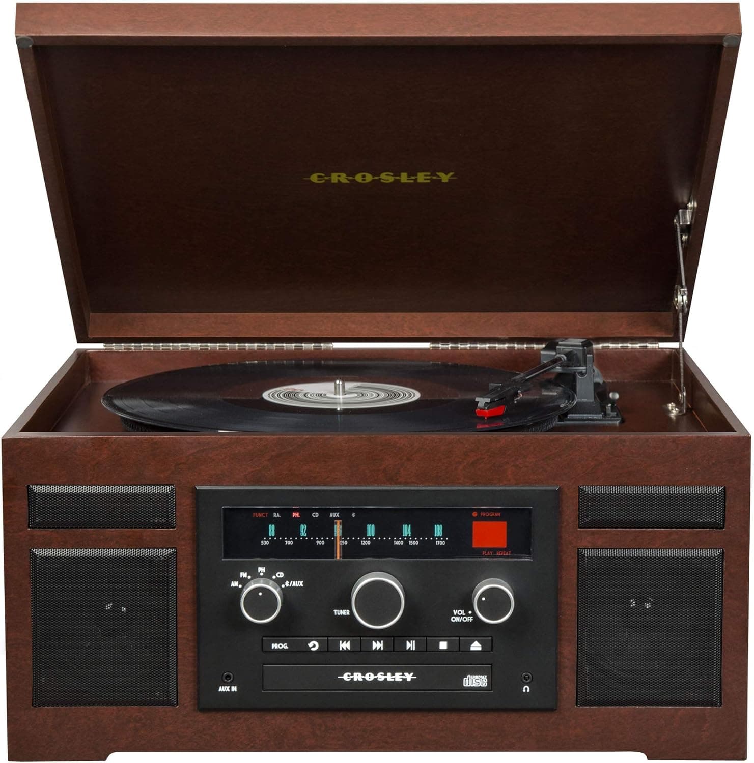 Crosley CR7007D-MA Patriarch 3-Speed Turntable with Radio, Cd Player, Aux-in and Bluetooth, Mahogany