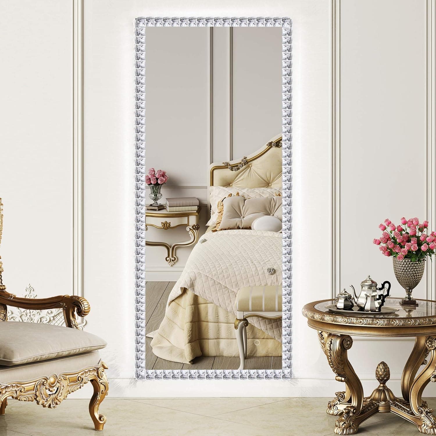 QiMH 55x24 Inch Wall Mounted Full Length LED Lighted Vanity Mirror with Crystal Faceted Diamond Frame, 3 Colors Adjustable and Dimmable, Bedroom and Bathroom Hanging