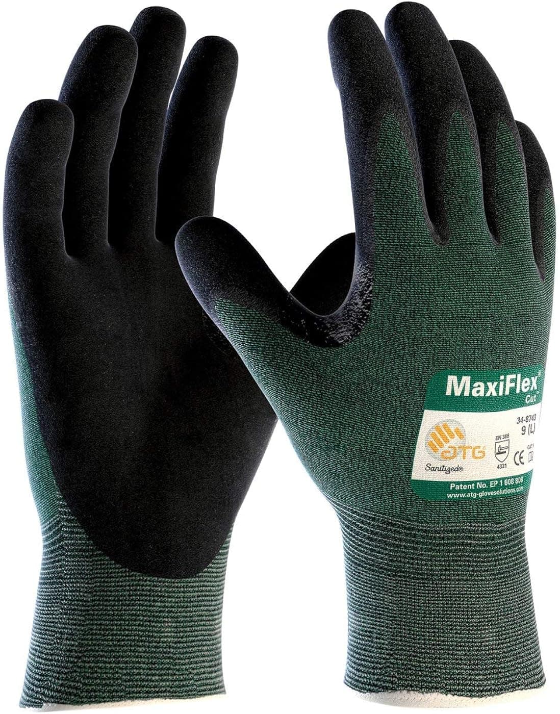 KACEEY (3 Pairs) MaxiFlex Cut 34-8743/Large Cut Resistant Nitrile Coated Work Gloves with Green Knit Shell and Premium Nitrile Coated Micro-Foam Grip on Palm & Fingers Size Large, Large (6 Count)