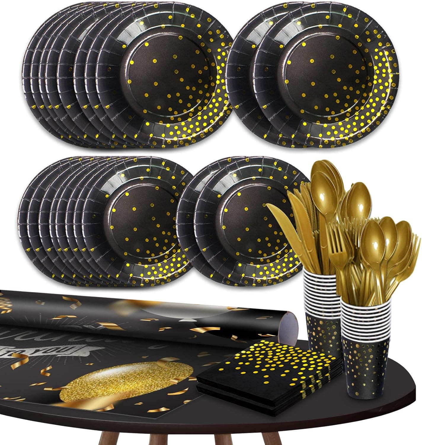 RUIJIA Black and Gold Party Decorations, Birthday Party Supplies, Paper Plates, Napkins, Cups, Tablecover Forks, Knives and Spoons for 10 Guests and 5x5 Feet 60th Happy Birthday Anniversary Backdrop Background Banner.