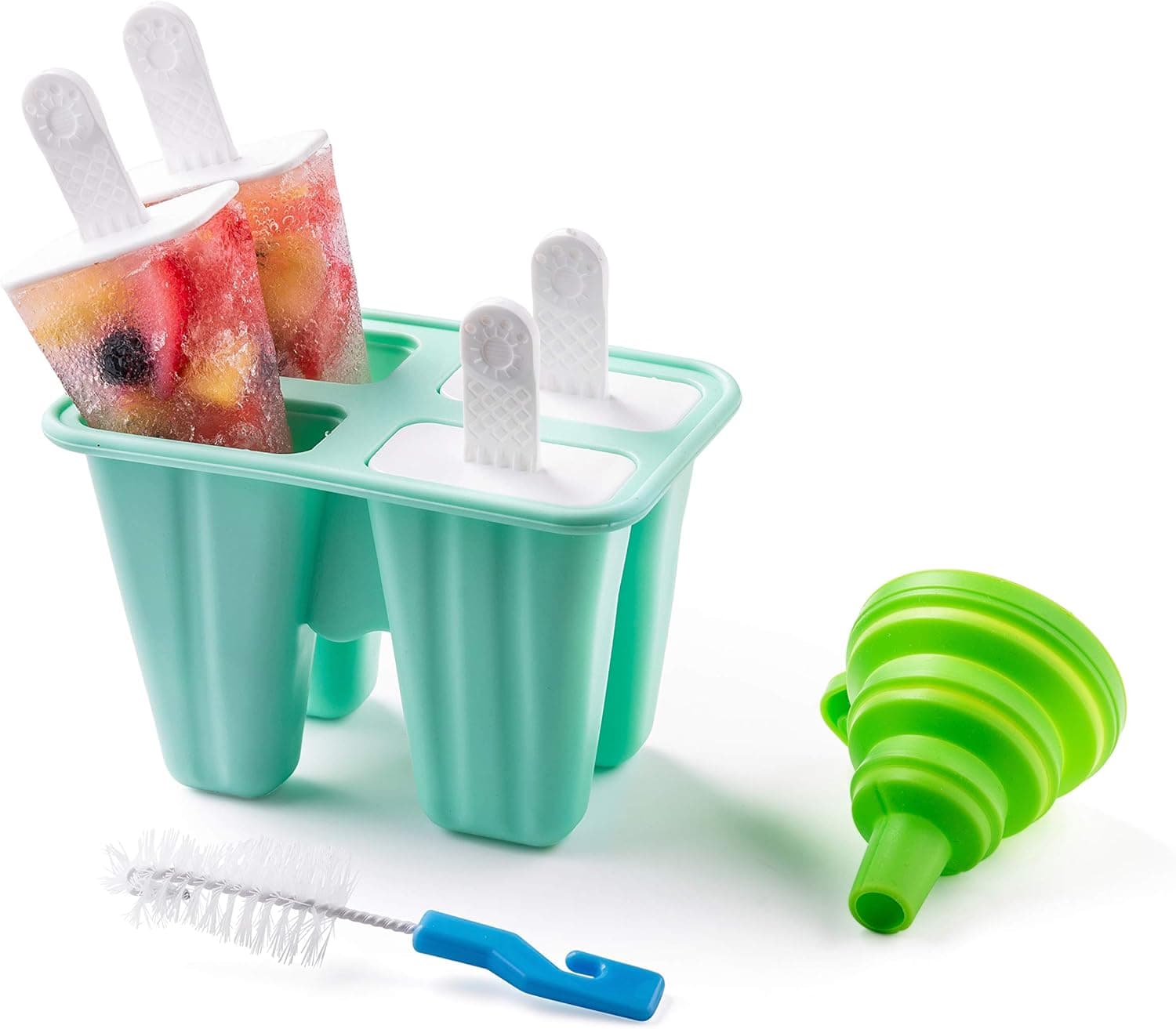 Shpebs Silicone Popsicle Molds Silicone Ice Pop Molds BPA Free Popsicle Mold Reusable Easy Release Ice Pop Maker with Silicone Funnel & Cleaning Brush (4 Cavity, Green)