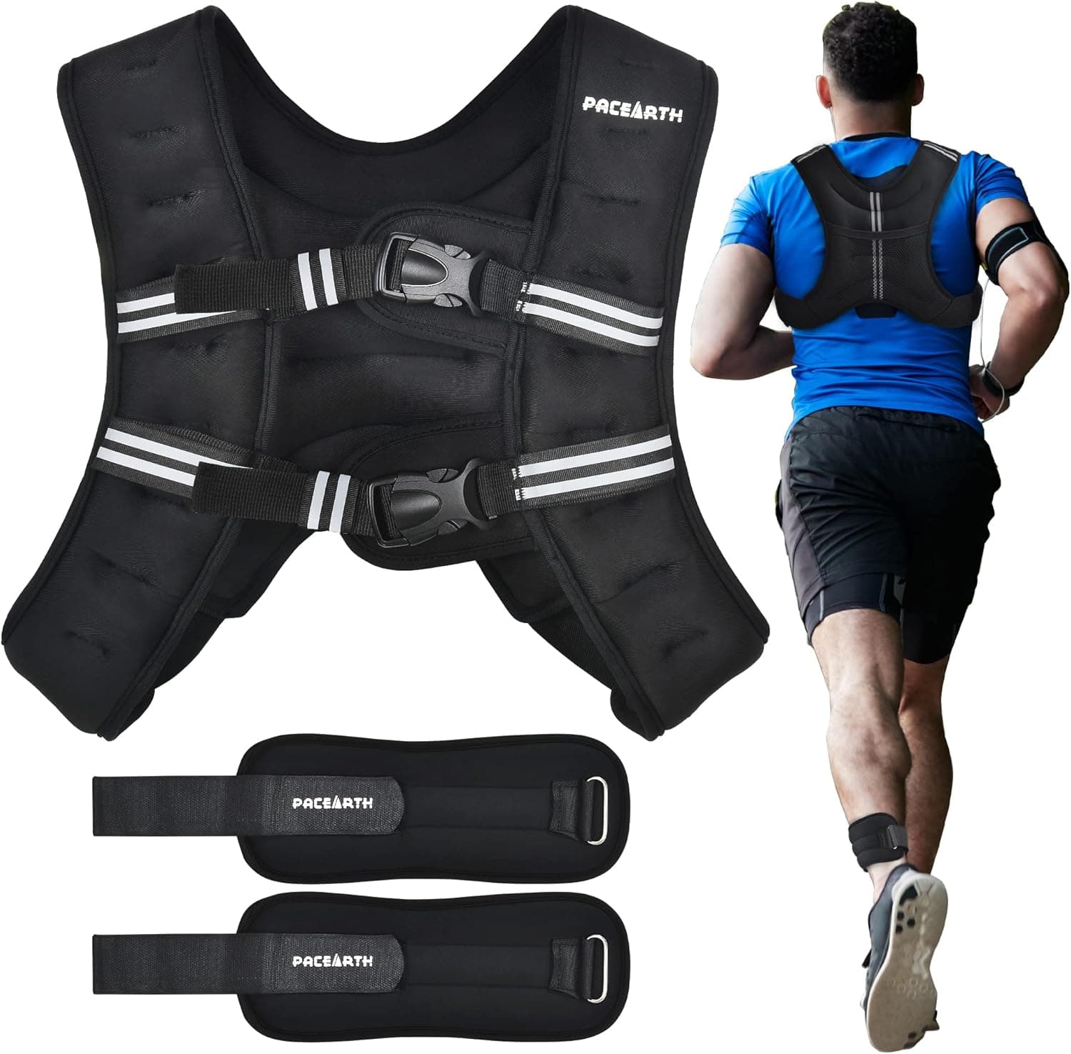 PACEARTH Weighted Vest with Ankle/Wrist Weights 6lbs-30lbs Body Weight Vest with Reflective Stripe, Size-Adjustable Workout Equipment for Strength Training, Walking, Jogging, Running for Men Women