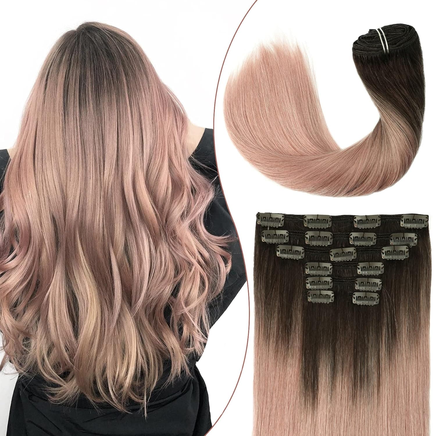 Hair Extensions Clip in Human Hair Ombre Dark Brown to Pink Gray Human Hair Extensions Clip in 120g 18 Inch 7pcs Real Hair Extensions Clip in Human Hair Straight Remy Hair Extensions for Women
