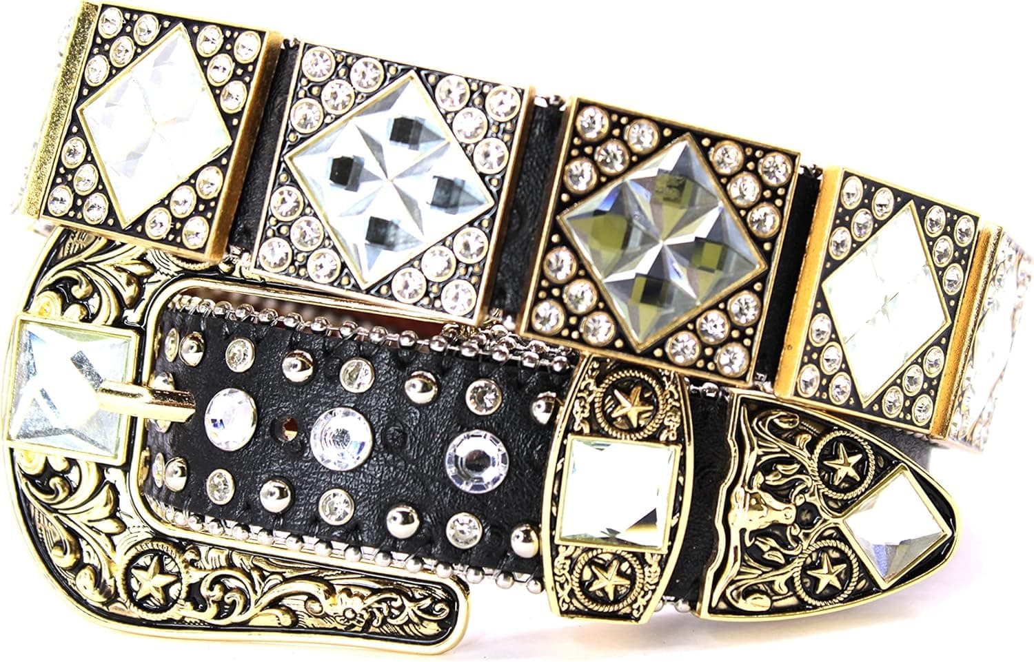 Genuine Leather Western Belt for Men And Women Big Rhinestones With Engraved Buckle For Cowboys and Cowgirls Country Style