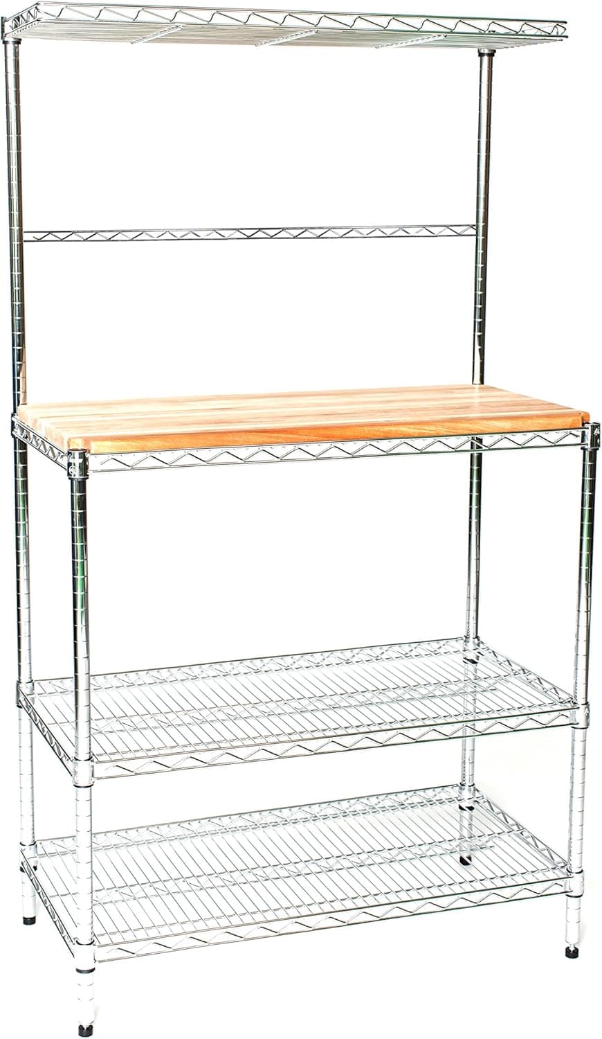 Omega 12" Deep x 30" Wide x 74" High Deluxe Chrome Bakers Rack with Top Shelf & Butcher Block