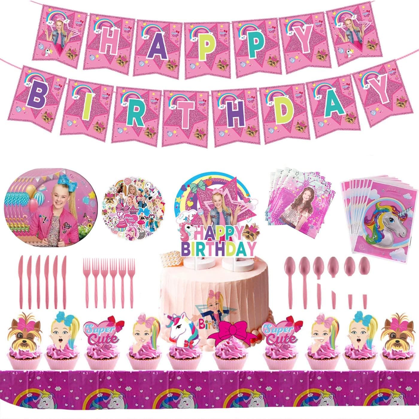 93pcs Jojo birthday Party Supplies Set Birthday Decorations for 10-Kids Jojo Theme Party includes Happy Birthday Banner,goodie bags,Tablecover,,Plates,Knives,Spoons,Forks For Jojo Birthday Party Decoration