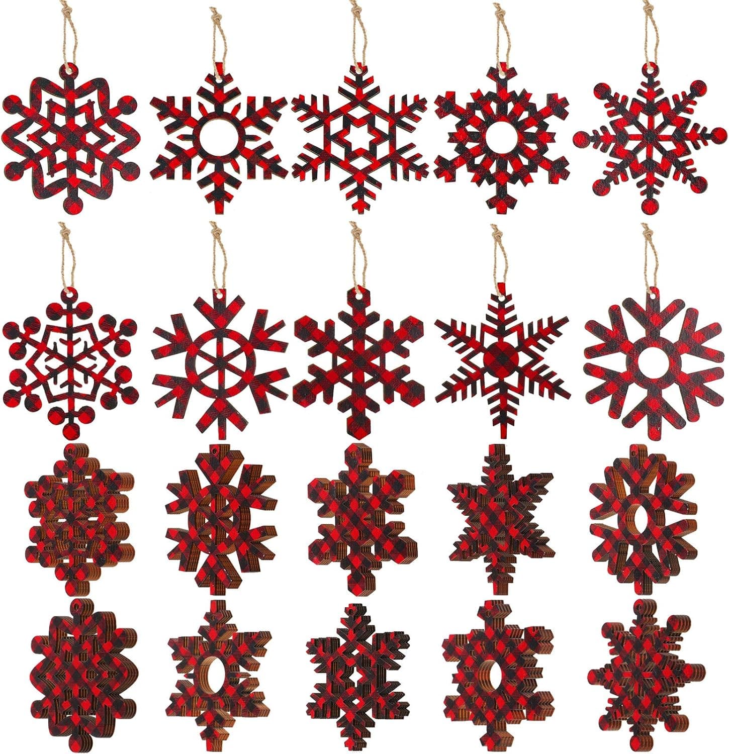 40 Pieces Buffalo Plaid Christmas Wooden Snowflake Ornaments Snowflakes Wood Slices Crafts Wood Set with 40 Pieces Twines for DIY Crafts Christmas Holiday Decorations (Red and Black)