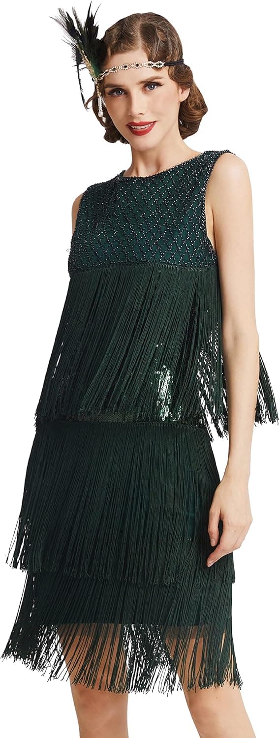 BABEYOND 1920s Flapper Dress Long Fringe Gatsby Dress Roaring 20s Sequins Beaded Dress Vintage Art Deco Dress