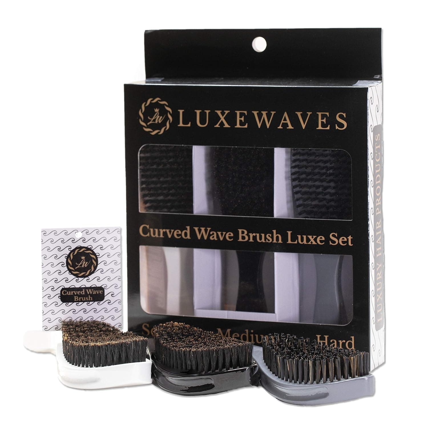 Luxewaves - 3 Piece Curved Wave Brush Set - Includes Brushes #110#120#130 - Soft, Medium, & Hard Bristles - 360 Wave Brush Set - Made With Premium Boar Bristles - For Men & Women