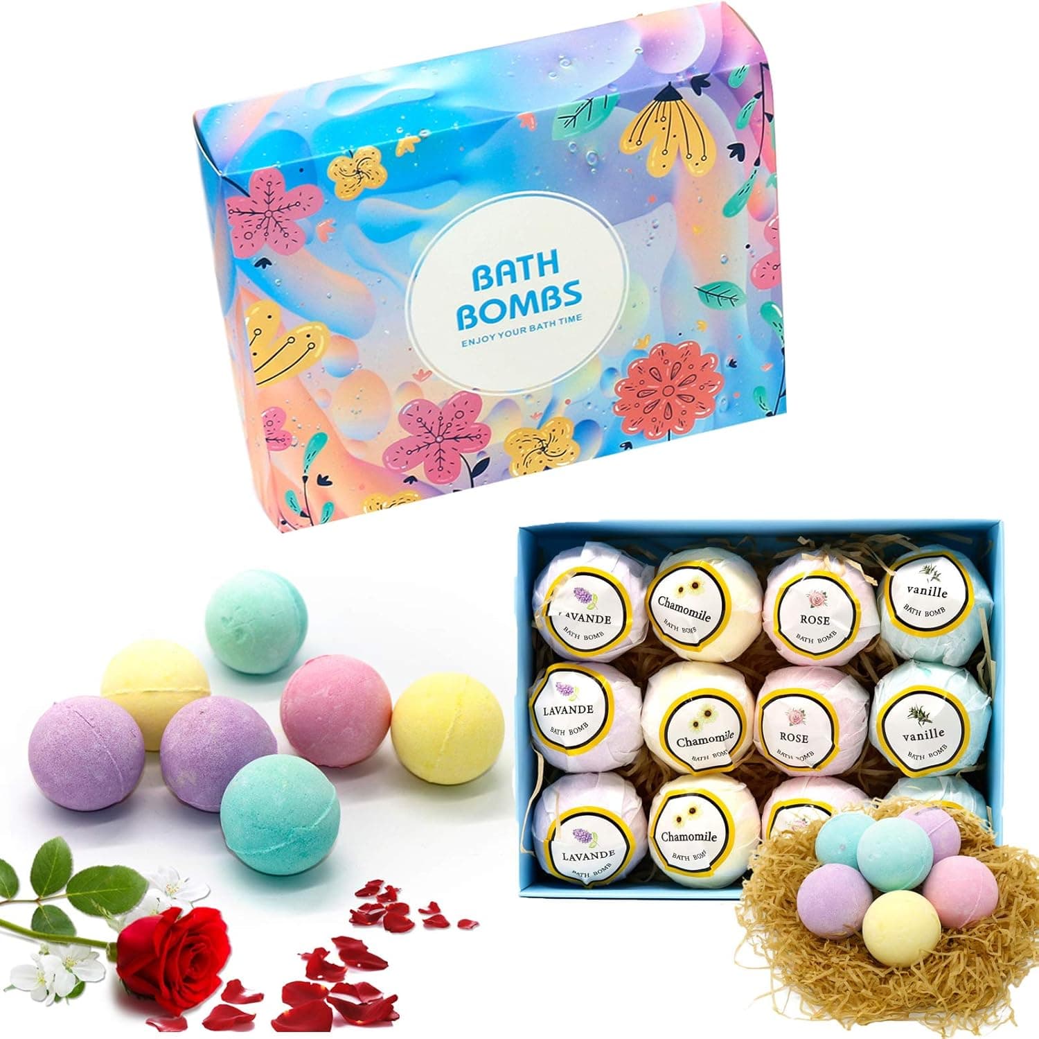 Bath Bomb Gift Set, 12 Packs of Handmade Natural and Organic Bath Bombs, Very Suitable for Bubble Bath and hot Spring Bath,hot containing Essential Oils, sea Salt, shea Butter