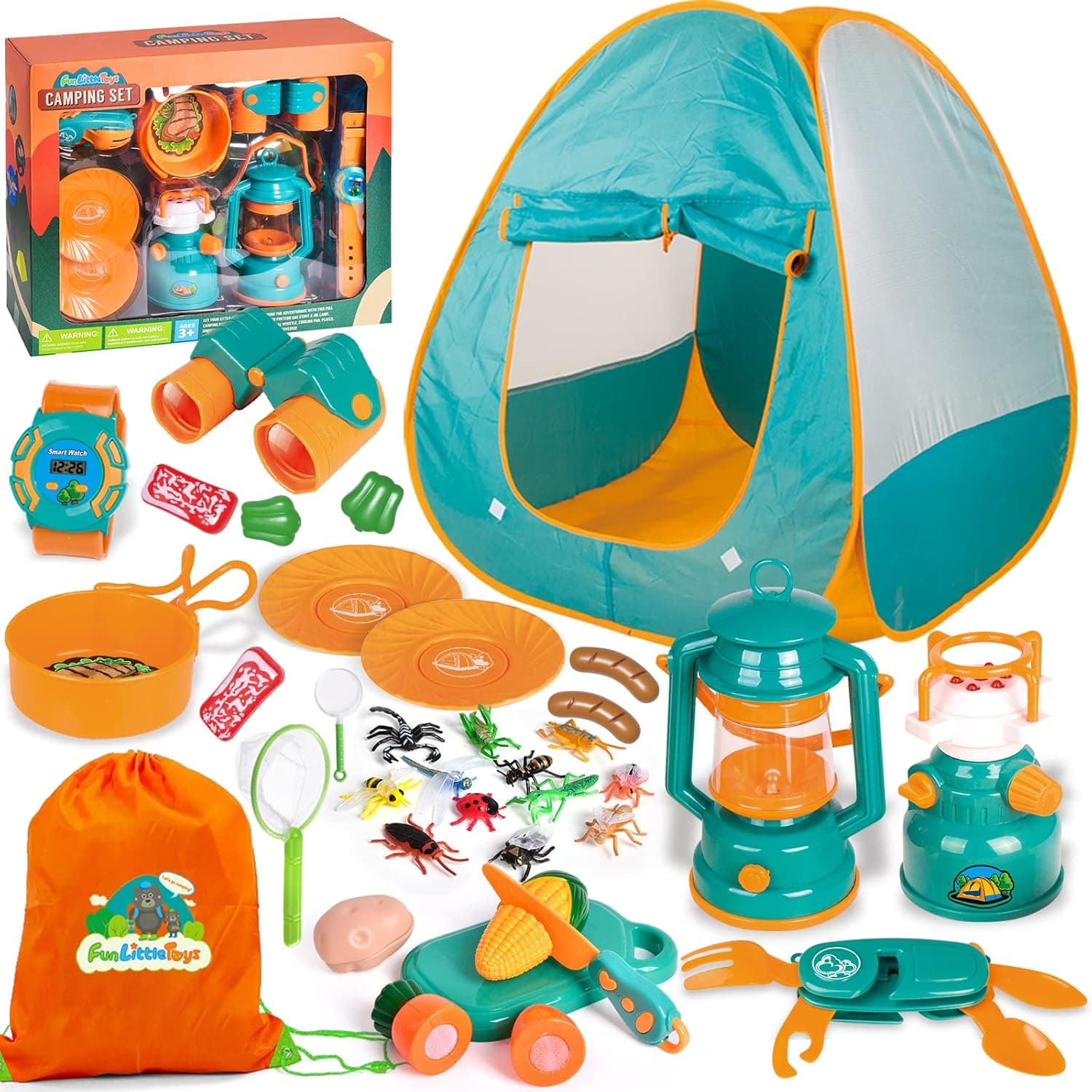 FUN LITTLE TOYS Kids Camping Set with Pop Up Play Tent Toys, Camping Toys with Battery Lantern and Drawstring Bag Kids Tent Indoor Outdoor Pretend Play, Birthday Gifts for Boys and Girls