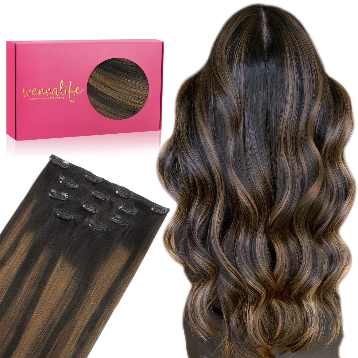 WENNALIFE Clip in Hair Extensions Real Human Hair, 85g 5pcs 22 Inch Remy Human hair Clip in Extensions Balayage Dark Brown to Chestnut Brown Virgin Human Hair Extensions Clip Ins