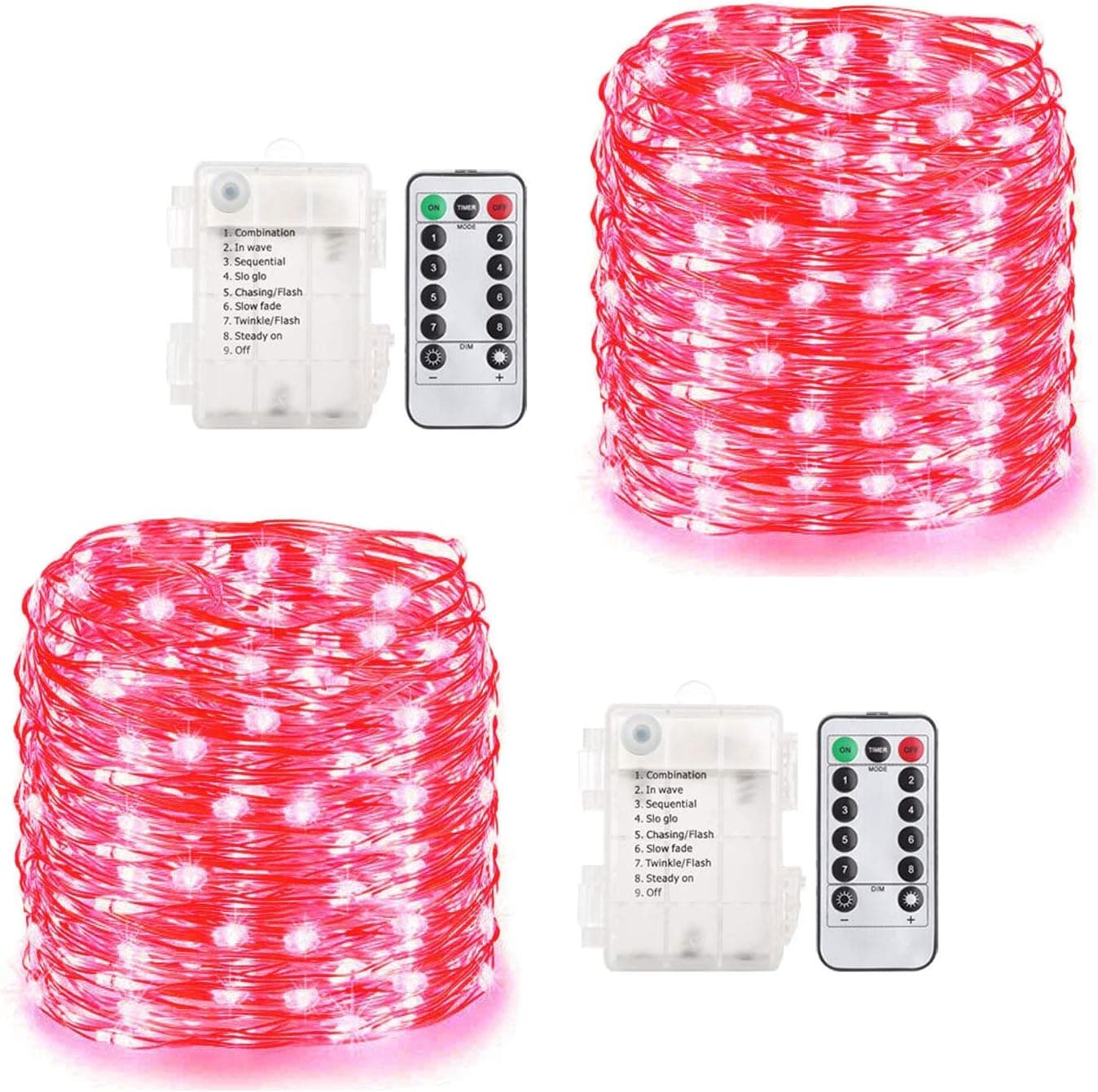 Battery Operated String Lights 2 Pack 100 LED Waterproof Christmas Decorative Fairy Lights with Remote Timer for Bedroom Patio Camping Wedding Party Curtain (Red)