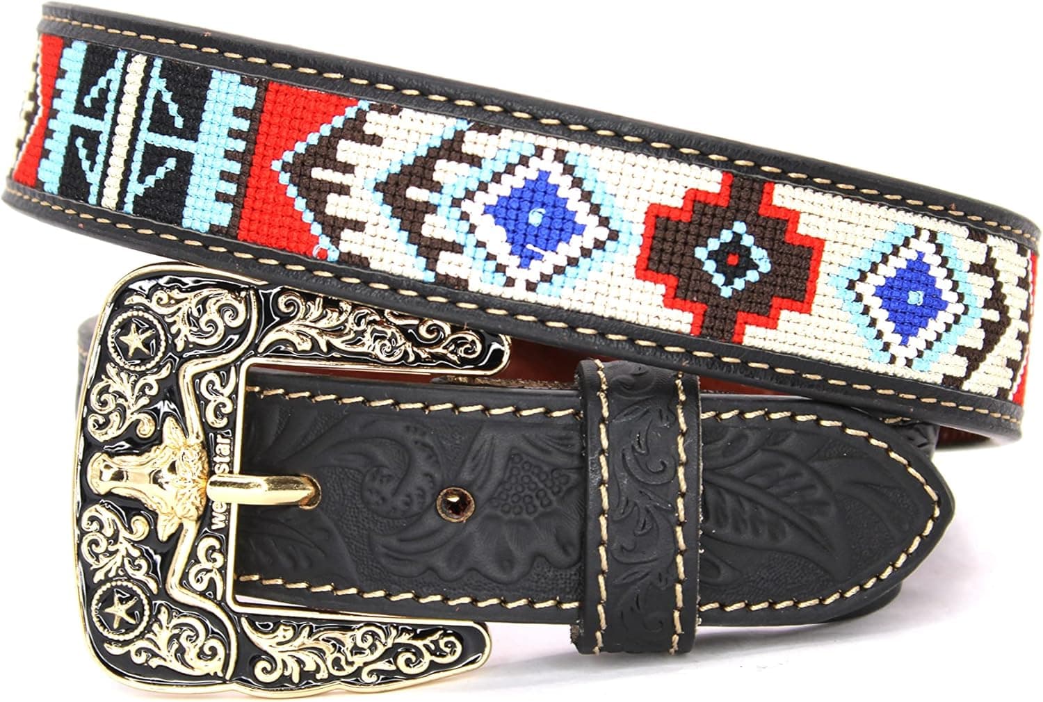 West Star Texas Embroidery Fabric Belt Aztec Print Men Women Cowboy Genuine Leather