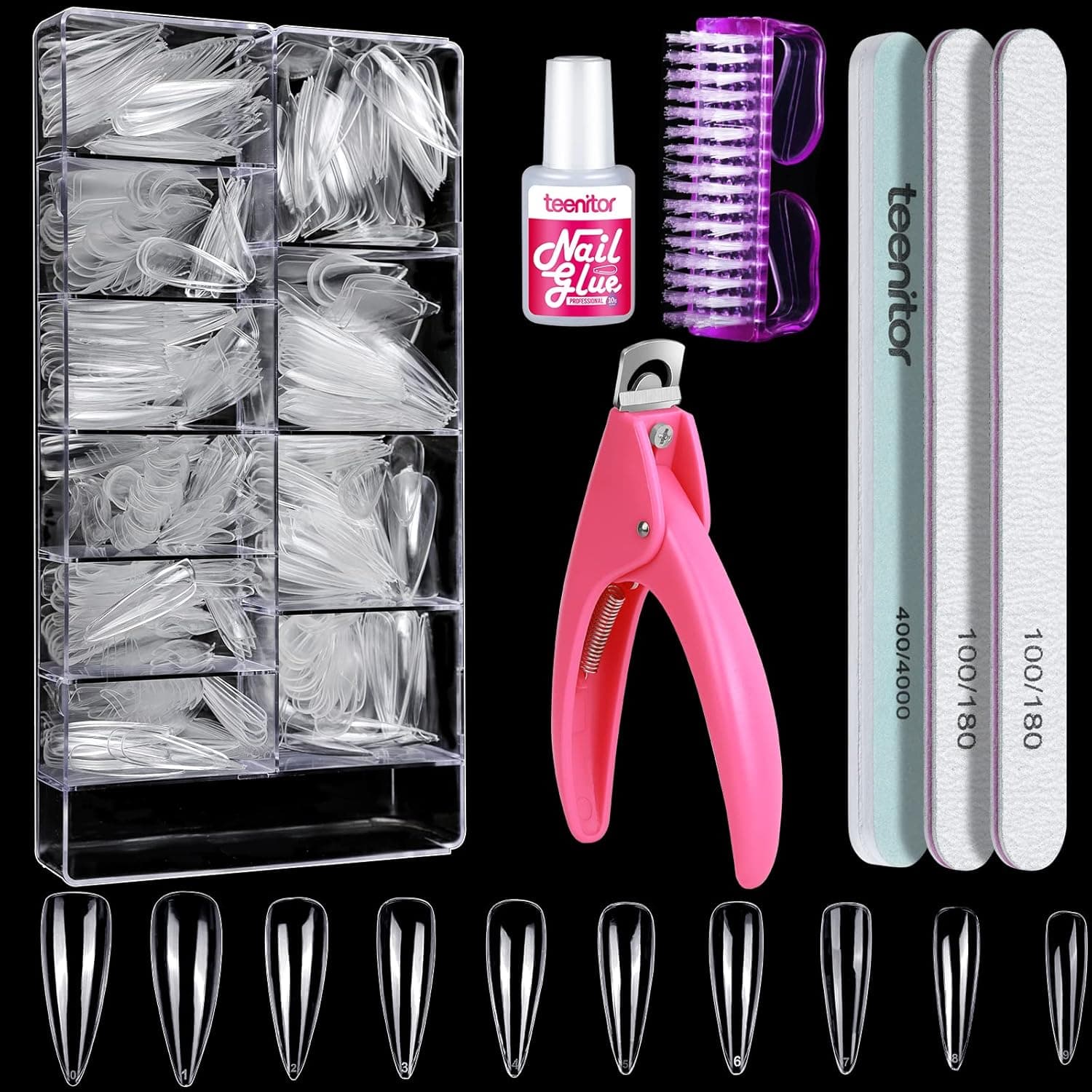 Clear Stiletto Nail Tips Full Cover, Teenitor 600pcs Long Nail Tips for Acrylic Nails, Long Acrylic Stiletto Fake Nail Tips with Glue, Clear Almond Stiletto False Nail Tips, Acrylic Nail Clipper, Nail Glue, Nail File Buffer