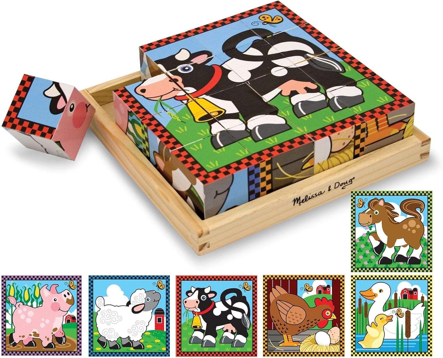 Melissa & Doug Farm Wooden Cube Puzzle With Storage Tray - 6 Puzzles in 1 (16 pcs) - Toddler Animal Puzzle -FSC-Certified Materials