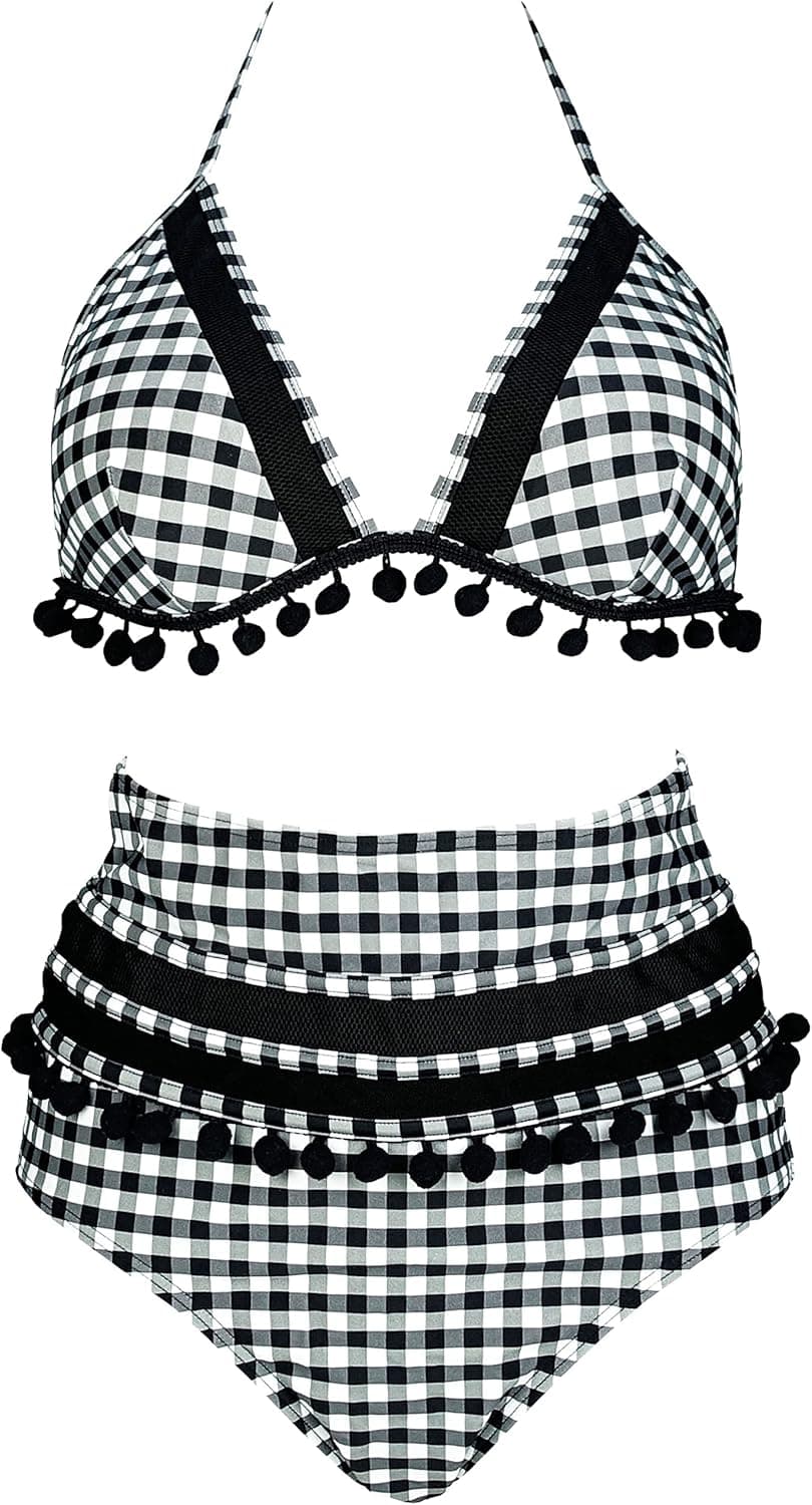 COCOSHIP Women's Mesh Striped High Waist Bikini Set Tassel Trim Top Halter Straps Swimsuit(FBA)