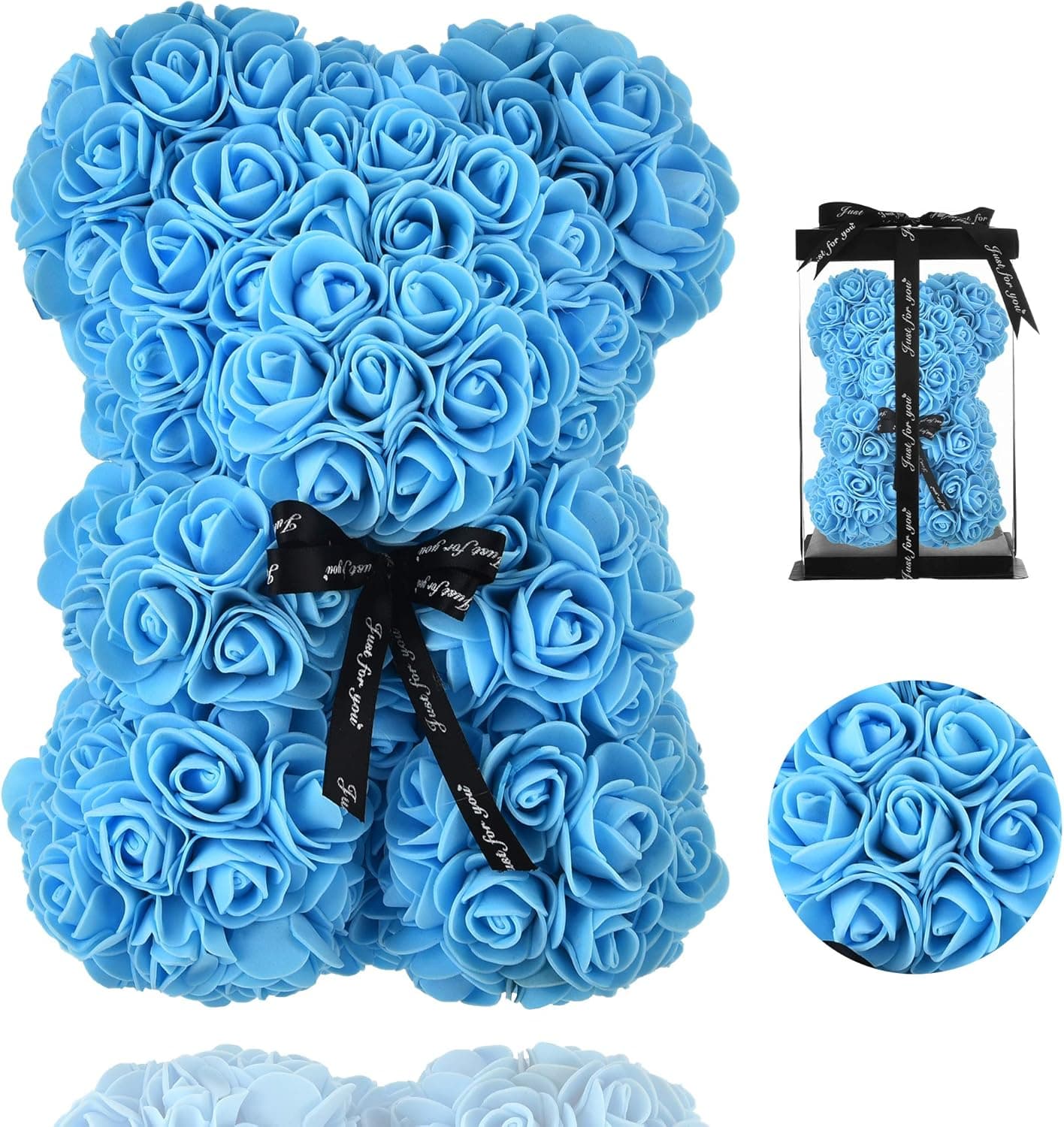 AZXU Rose Bear - Rose Teddy Bear on Every Rose Bear -Flower Bear Perfect for Anniversary's - Clear Gift Box Included! 10 Inche (Blue)