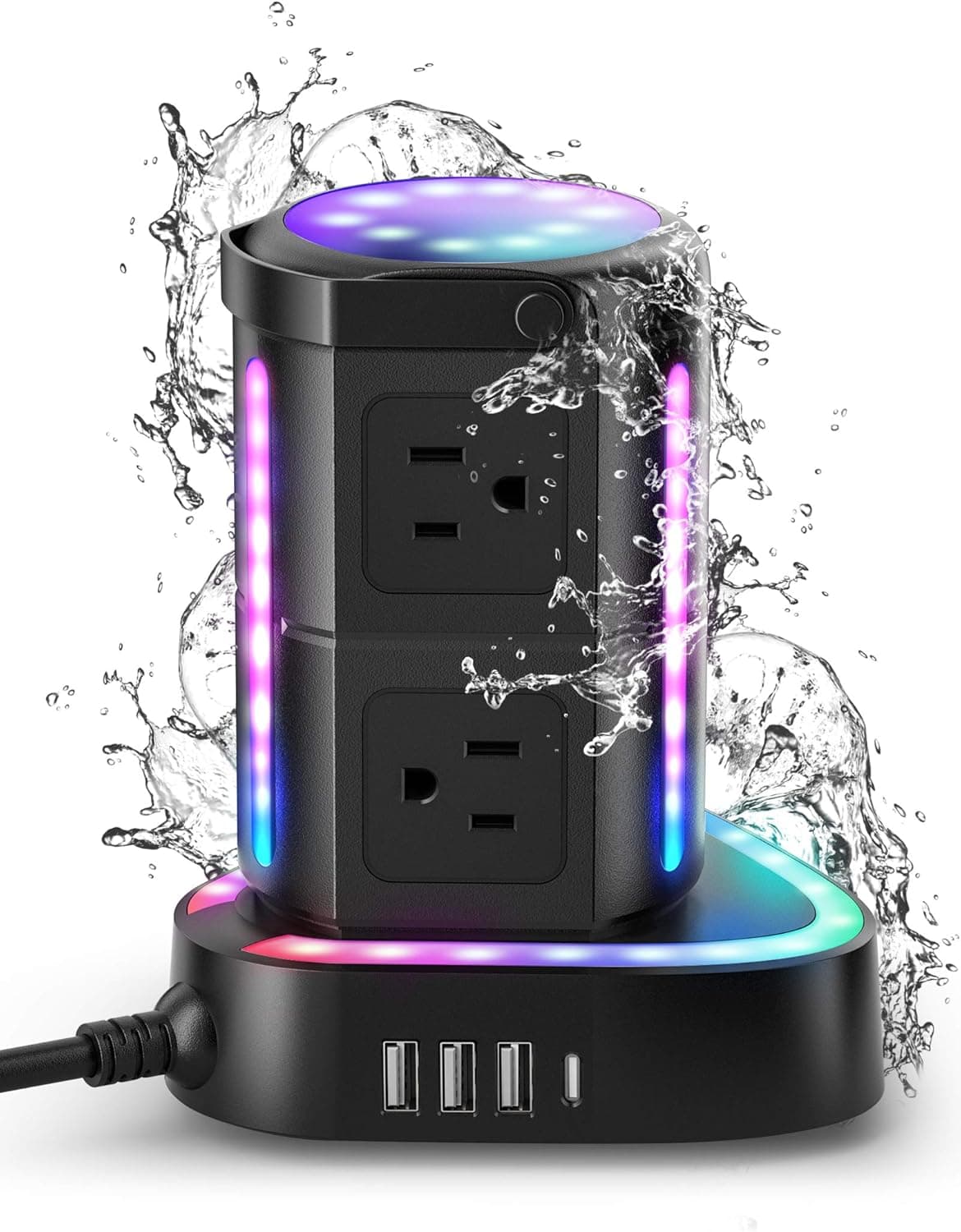 RGB Power Strip Tower with USB C PD 20W, Waterproof Surge Protector with 6 Outlets and 3 USB Ports, 2000J 1875W 6ft Extension Cord, Charging Station for Gaming Party Home Office