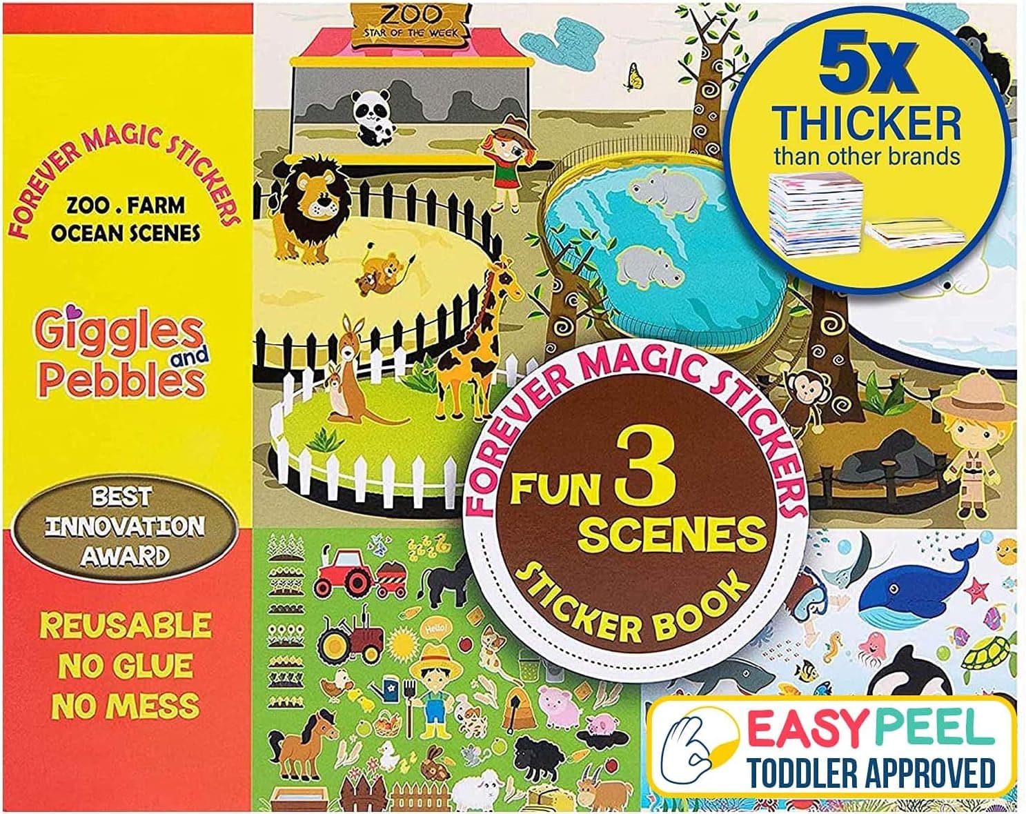 Giggles & Pebbles Educational Magic Sticker Pad Book for Kids,Toddlers, Boys and Girls - Reusable, Washable and Non-Adhesive Stickers with Farm, Zoo, Ocean Animals, for Storytelling, Games and Fun