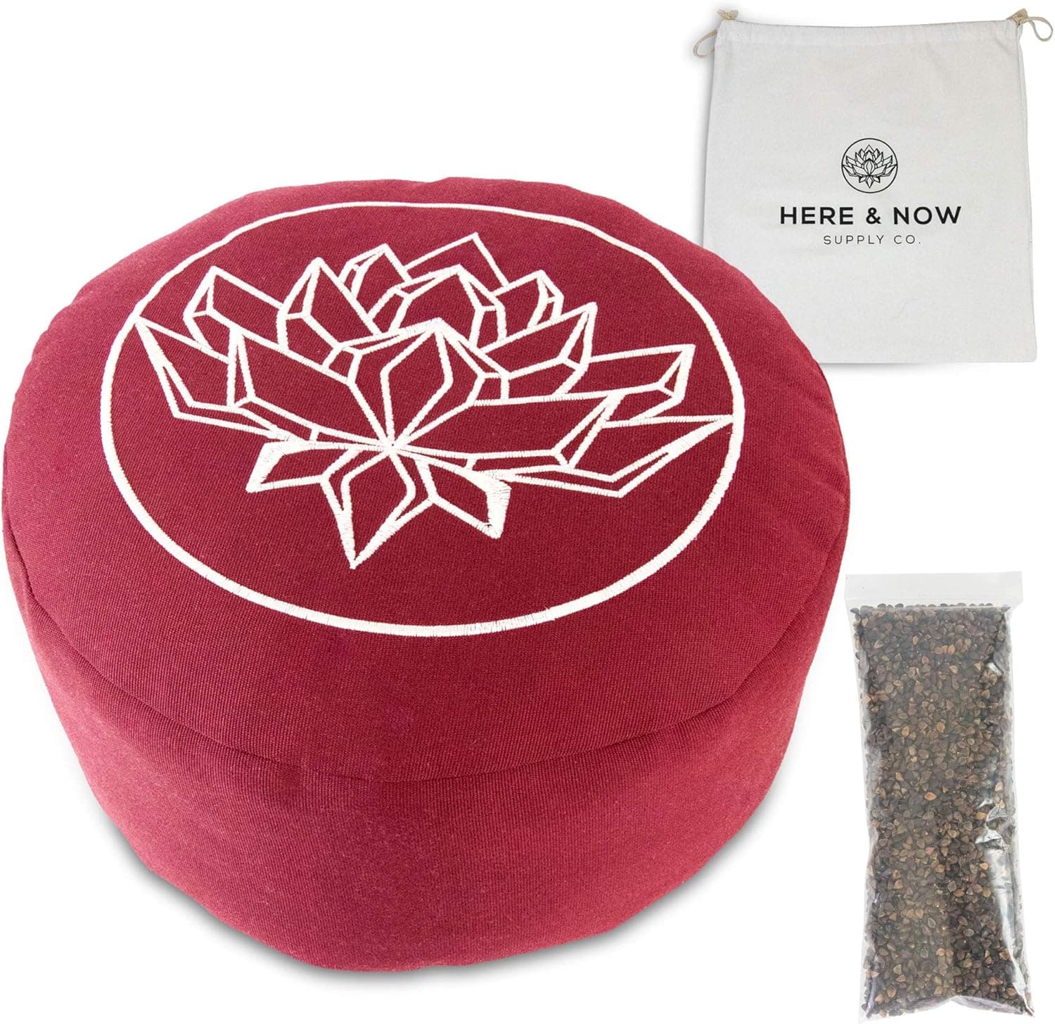 Here & Now Supply Co. Buckwheat Hull Filled Zafu Meditation Cushion | Yoga Floor Pillow Bolster | Carrying Case and Extra Buckwheat Included (Red, 16” x 16” x 4.5”)