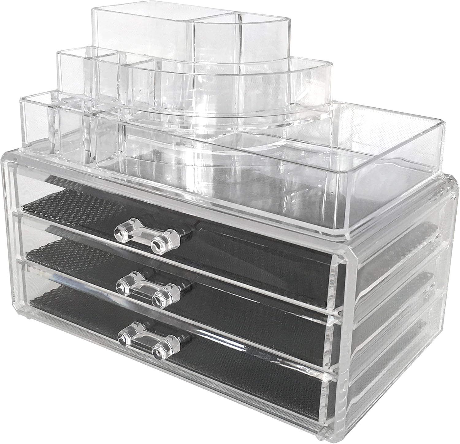 Sodynee Acrylic Makeup Organizer Cosmetic Organizer Jewelry and Cosmetic Storage Display Boxes Two Pieces Set(3 Drawer Makeup Storage + Lipstick Liner Brush Holder)