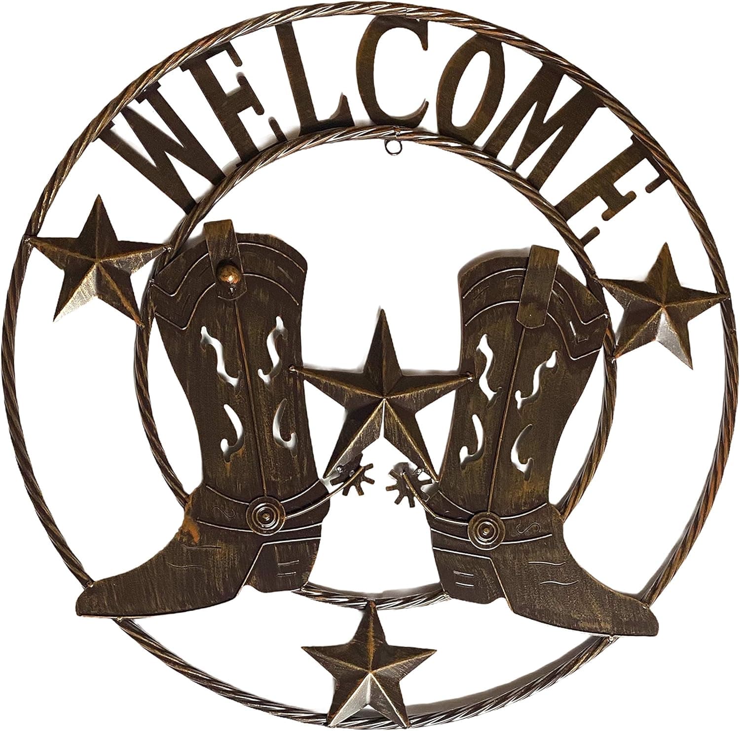 Urbalabs 24 Metal Barn Star Welcome Sign Boots Western Decor Rustic Wall Decor Texas Lone Star Dark Brown Metal Texas Home Wall Decor Indoor Outdoor Western Decor for Home (24)