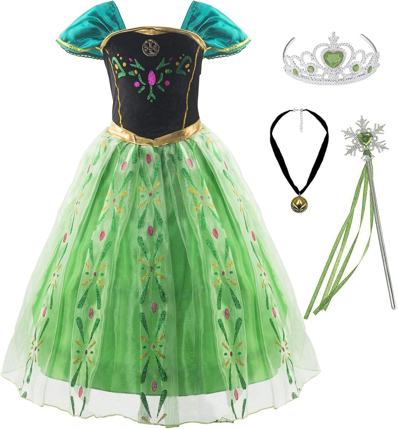 Padete Little Girls Princess Dress Snow Party Queen Halloween Costume (5 Years, Green with Accessories)
