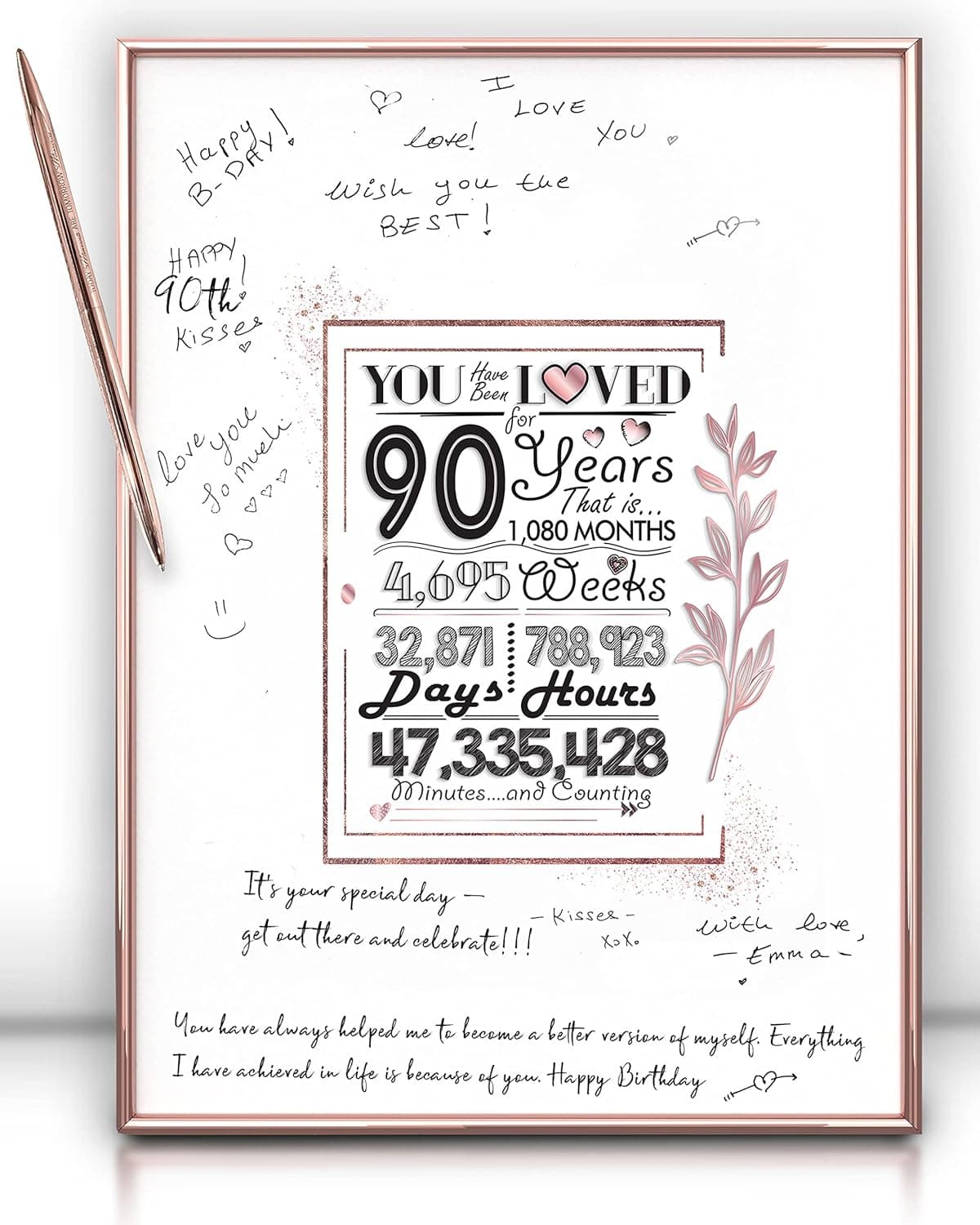 Framed Rose Gold 90th Birthday Decorations Sign Poster for Girl - 90 Birthday Gift 12"x16" Guest Party Favors Book Alternative – With Pen & Wall Hanger – Great 90 Years Old Gifts for Womens