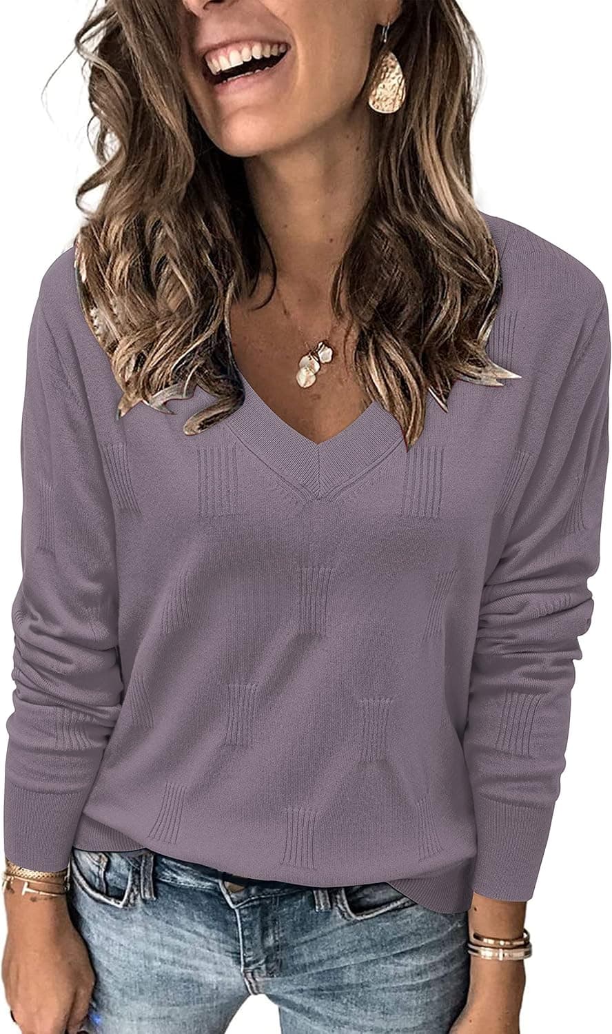 Arach&Cloz Women's Spring Summer Tops 2023 Fashion V Neck Long/Short Sleeve Pullover Knitted Casual Fall Sweater