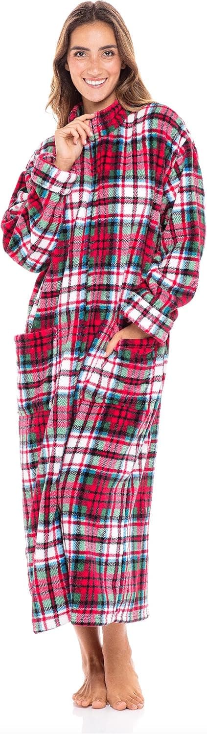 Alexander Del Rossa Women’s Robe, Full-Length Fleece Zipper Bathrobe with Two Large Front Pockets, Christmas Plaid Green and Blue on Red, 3X-4X
