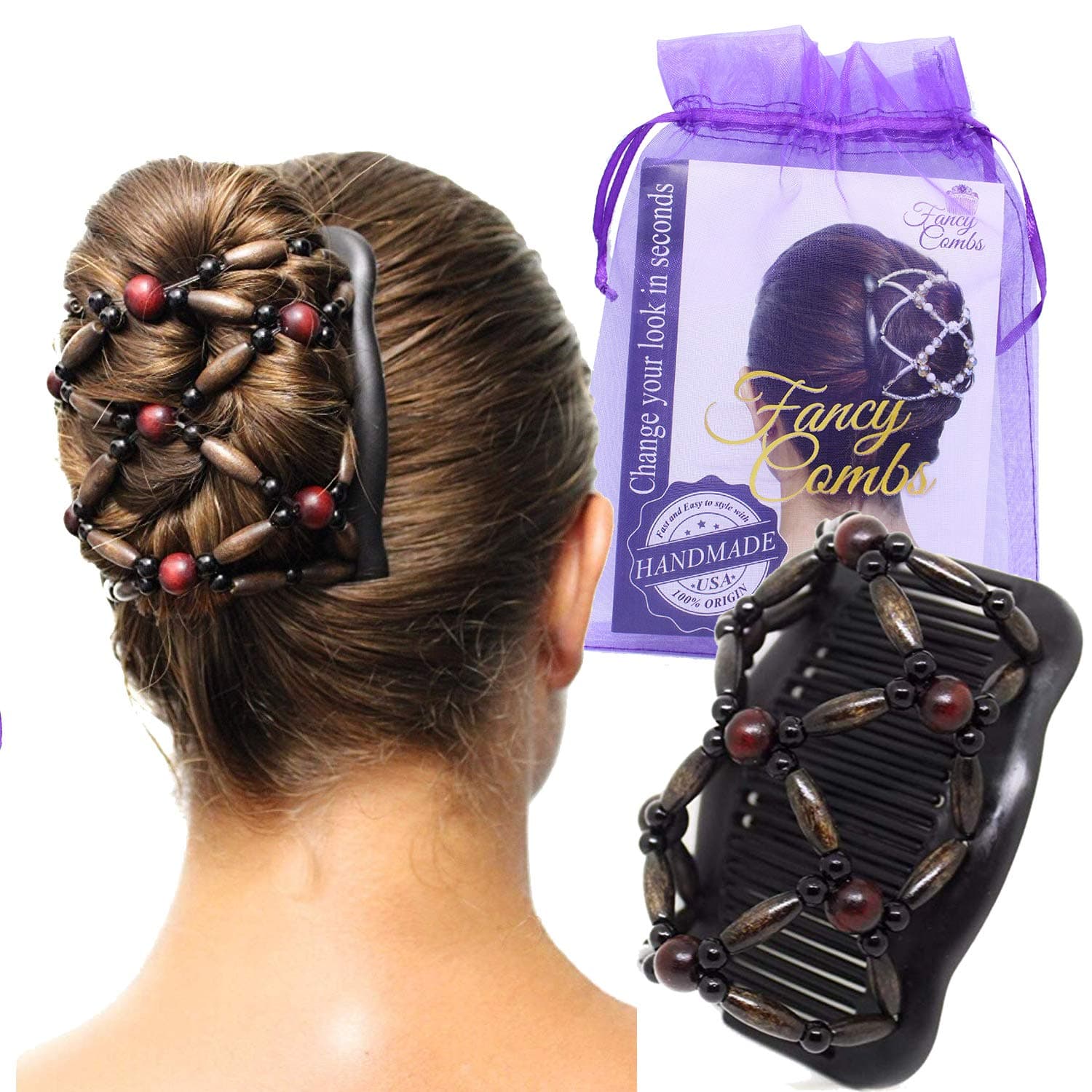 Fancy Combs Premium Hair Accessories for Women and Girls, Beaded Double Magic Hair Combs for Thin or Thick Hair, Long or Short, Instant Bun Maker, Easy Updo, French Twist Comb, Secure Hold All Day