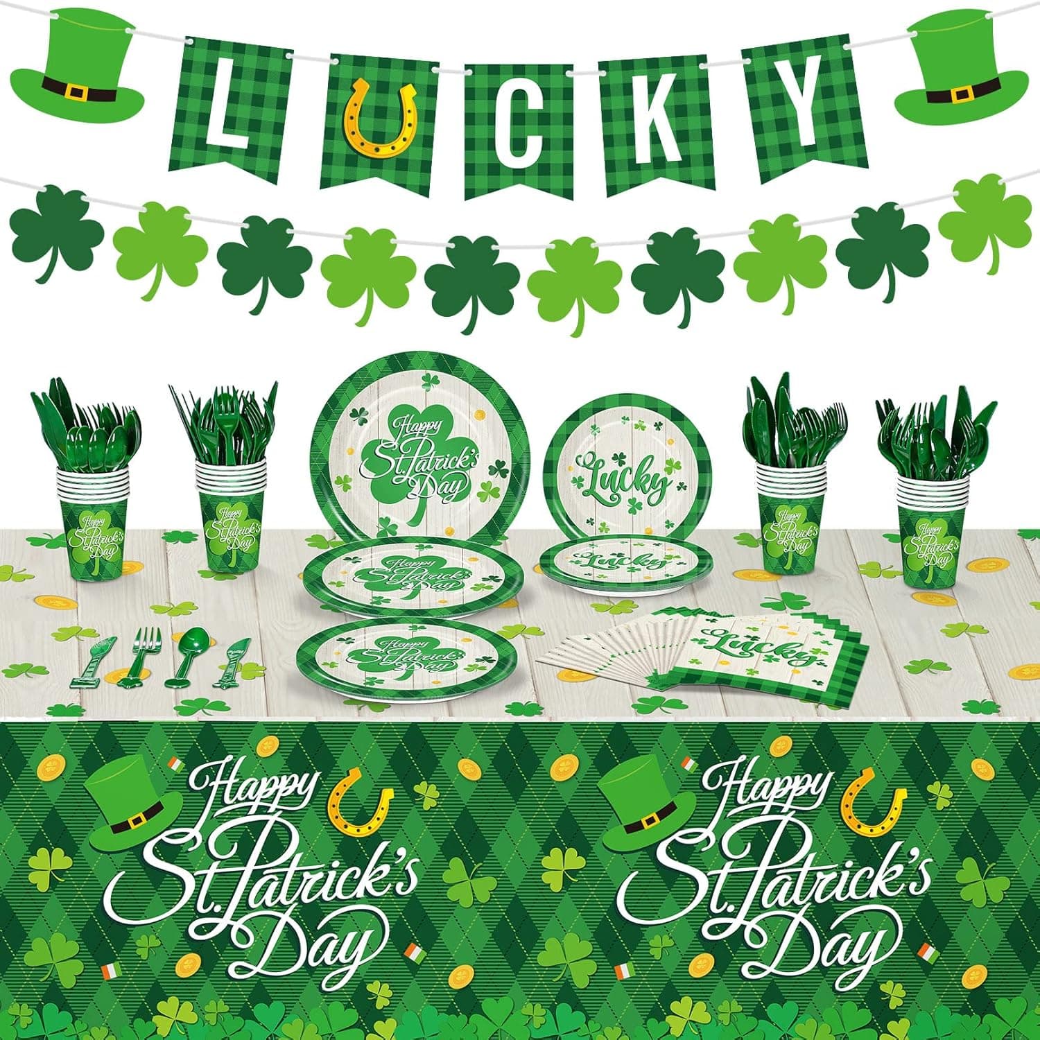 172 Pcs St Patricks Day Party Supplies Serves 24, Include Shamrock Tablecloth, Lucky Banner, Happy St Patrick's Day Plates Napkins Tableware Set for Saint Patrick's Day Irish Birthday Party Decoration