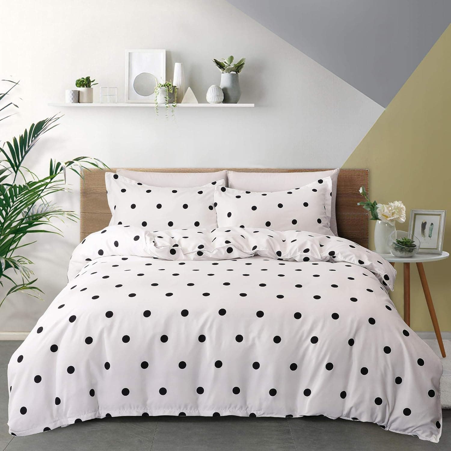 GLDDAFOR Bedding Comforter Set Soft 3Pcs Black Polka dots Three Piece Set Supreme Lightweight Microfiber Duvet Cover Simplicity Set(1 Duvet Cover + 2 Pillow Shams)(King,White)