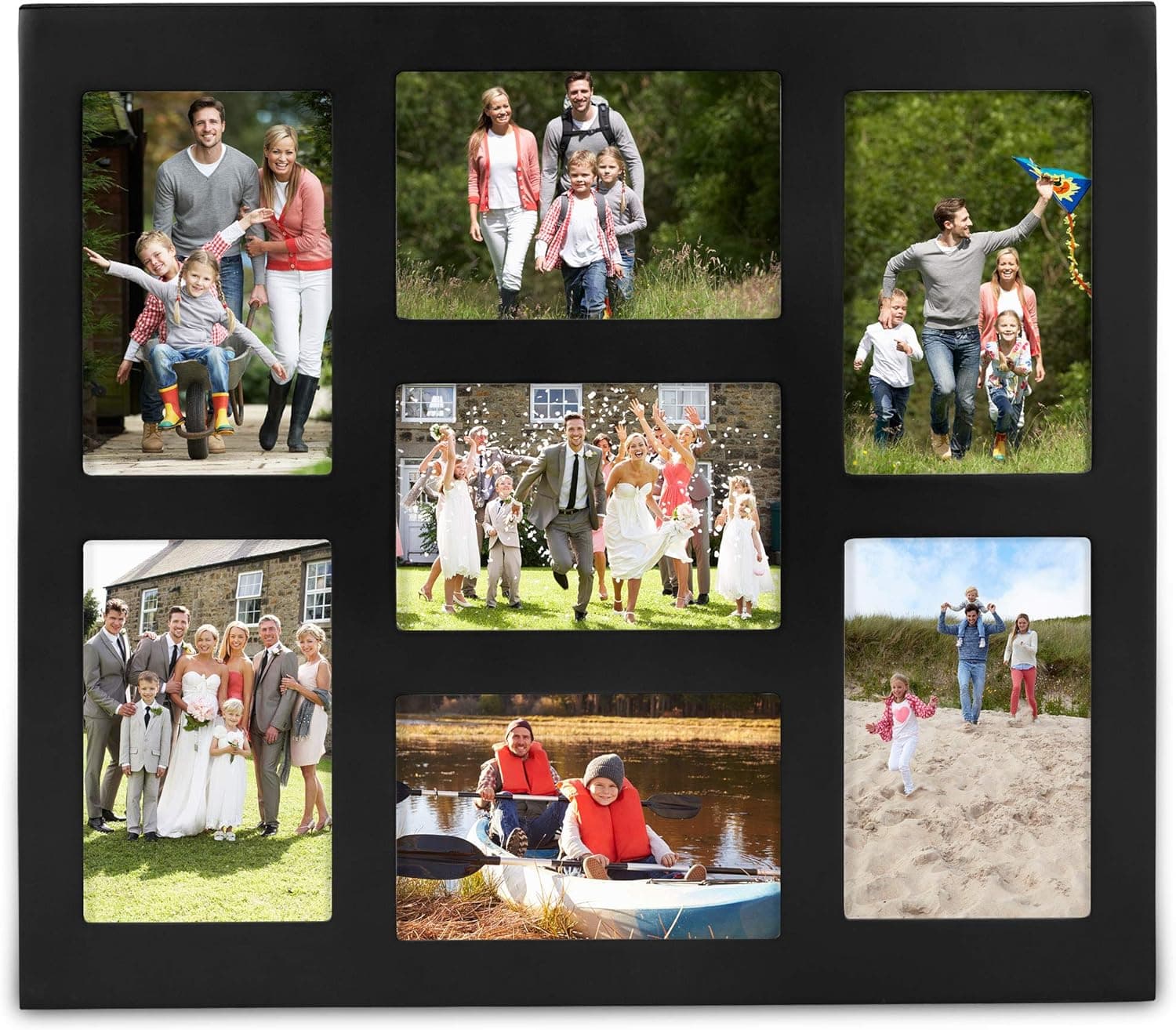 VonHaus 7X Decorative Collage Picture Frames Multiple 4x6 Photos - Black Wooden Hanging Wall Photo Photograph 7 Openings - Ideal as Personalized Gift for Friends and Family