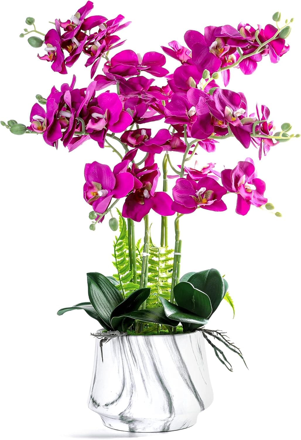 W&W Artificial Orchid Plants and Flowers with Vase, Fake Faux Silk Orchid in Ceramic Pot, 24'', Purple