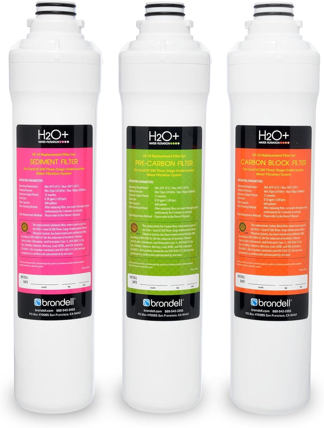 Brondell H2O+ Coral Three-Stage Carbon Block Replacement Water Filter Set (UF-35)