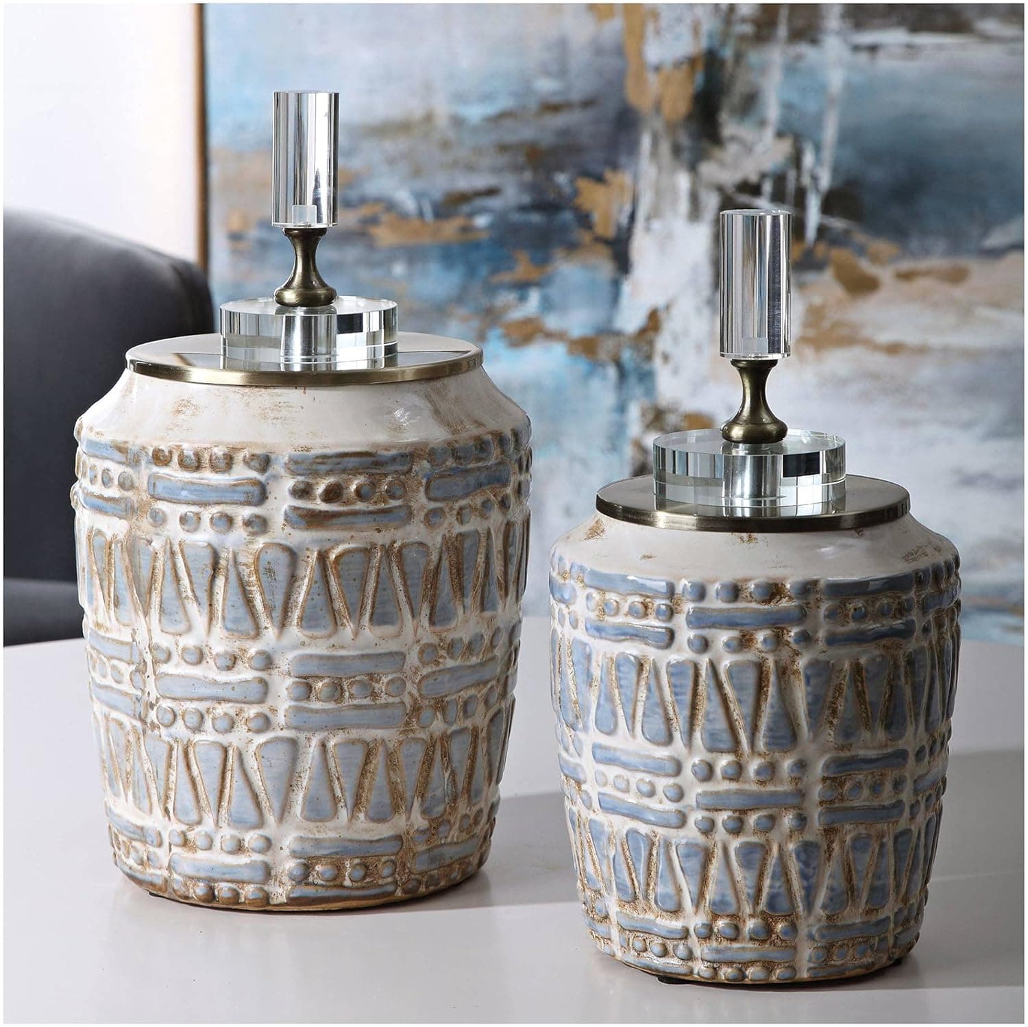 Uttermost Lenape Blue and Taupe Ceramic Bottles Set of 2