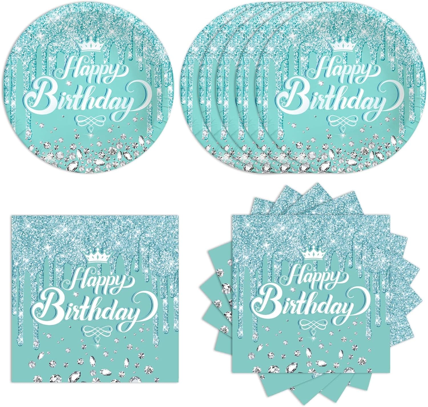 Teal and Silver Birthday Party Supplies,20 Paper Plates and 20 Napkins,Disposable Breakfast Blue Theme Birthday Party Decoration for Kids(Blue Party Set)