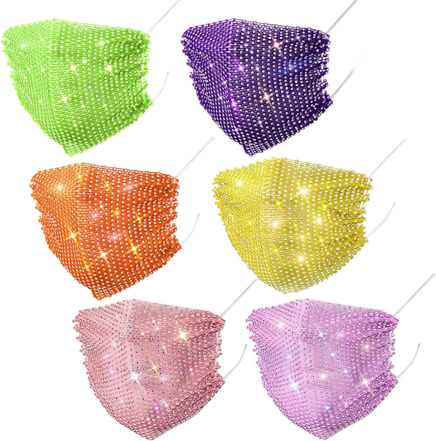 6 Pieces Sequin Mesh Mask Rhinestone Mask Mesh Face Masks Multicolor Crystal Diamond Mask (Orange, Light Purple, Dark Purple, Gold, Pink)
