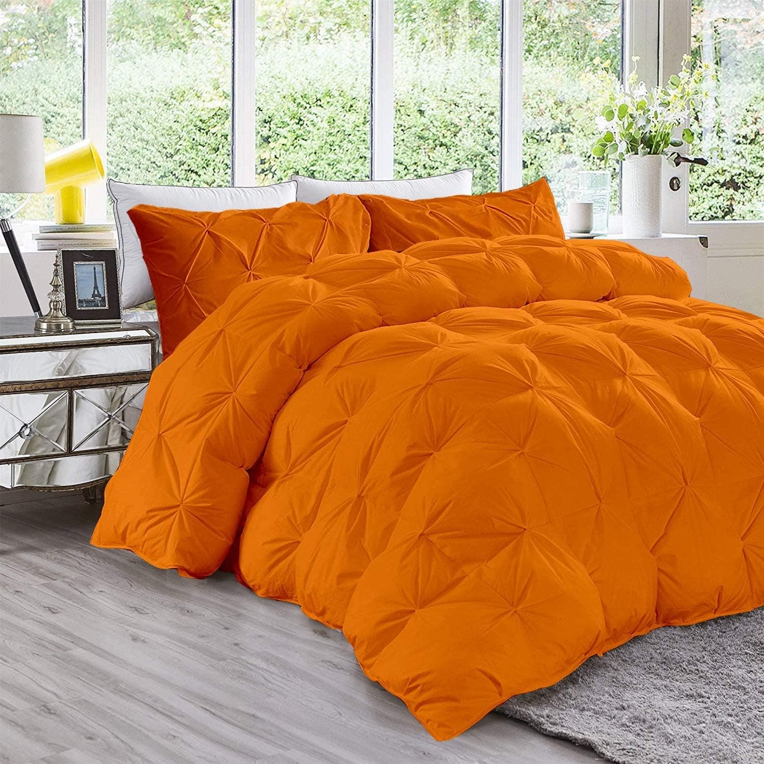OCEAN BEDDINGS All-Season 600 GSM Orange Goose Down 3 Pieces Quiled Pinch Pleated Comforter Set (Comforter + 2 Pillow Cases) 1000 Series Egyptian Cotton Duvet Insert King