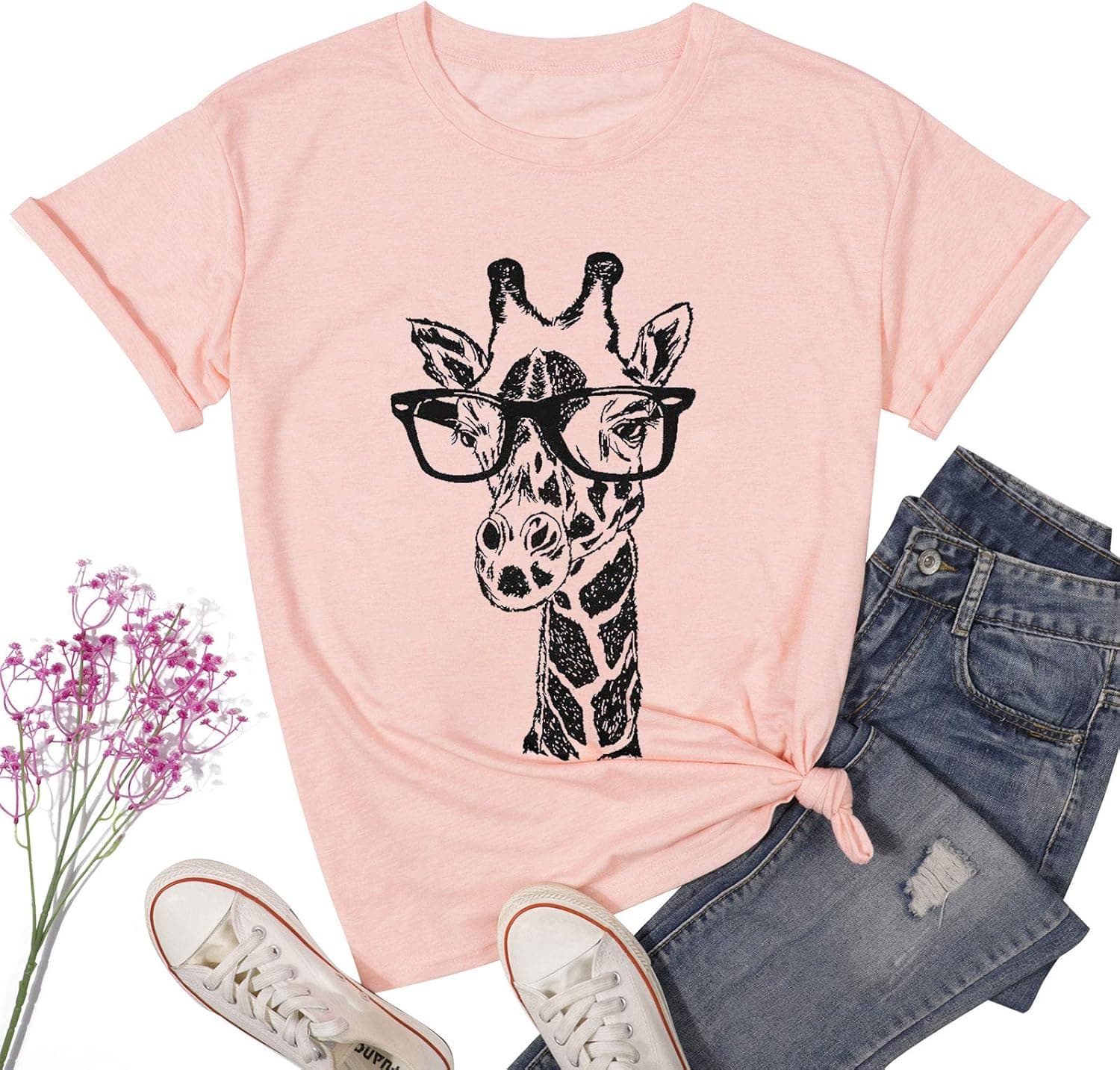 NANYUAYA Womens Cute Animal Graphic T-Shirt Funny Giraffe Printed Tees Tops Summer Casual Short Sleeve Shirts